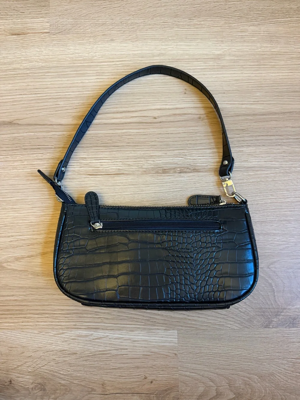 Black Croc-Embossed Shoulder Bag